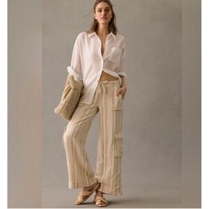 Pilcro Anthropologie Wide Leg Cargo Pants Womens 16W Striped Linen Blend Beach